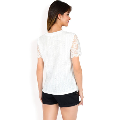 Anna-Kaci Women's Lace Eyelet Top with Scalloped Short Sleeves and Embroidered Details
