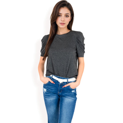 Anna-Kaci Women's Short Sleeve Puff Shoulder Tee with Crew Neck and Slim Fit