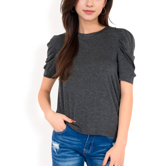 Anna-Kaci Women's Short Sleeve Puff Shoulder Tee with Crew Neck and Slim Fit