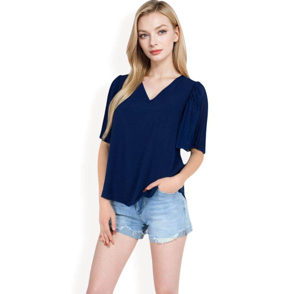 Anna-Kaci Women's V-Neck Blouse with Pleated Chiffon Flutter Sleeves