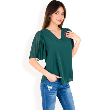 Anna-Kaci Women's V-Neck Blouse with Pleated Chiffon Flutter Sleeves