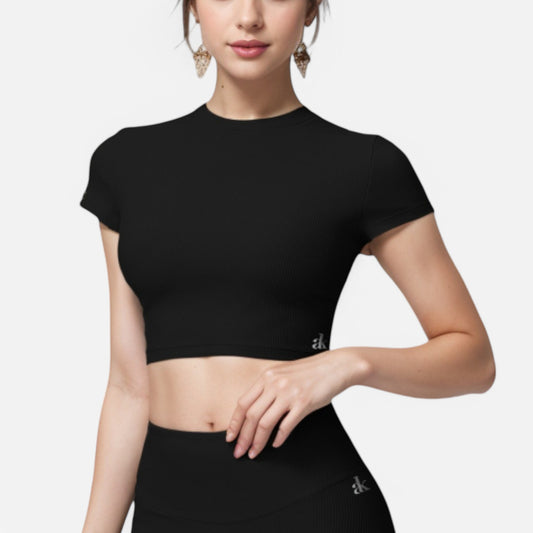 Anna-Kaci Active Women's Short Sleeve Ribbed Crop Top with Crew Neck and Stretch Fabric