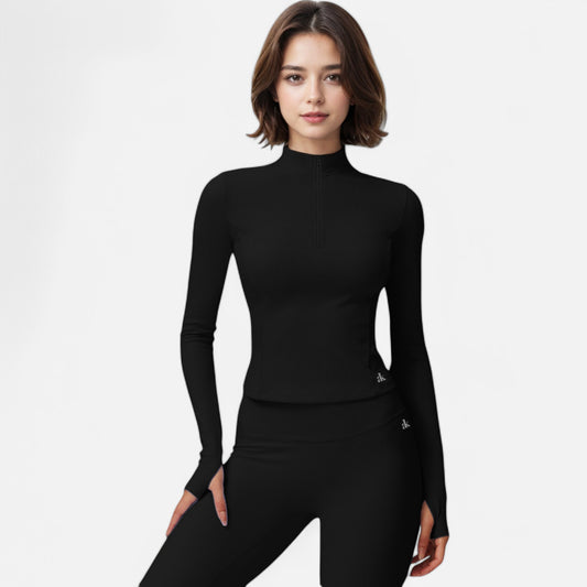 Anna-Kaci Active Women's Long Sleeve Fitted Ribbed Knit Top with Zip Collar and Thumbhole Cuffs