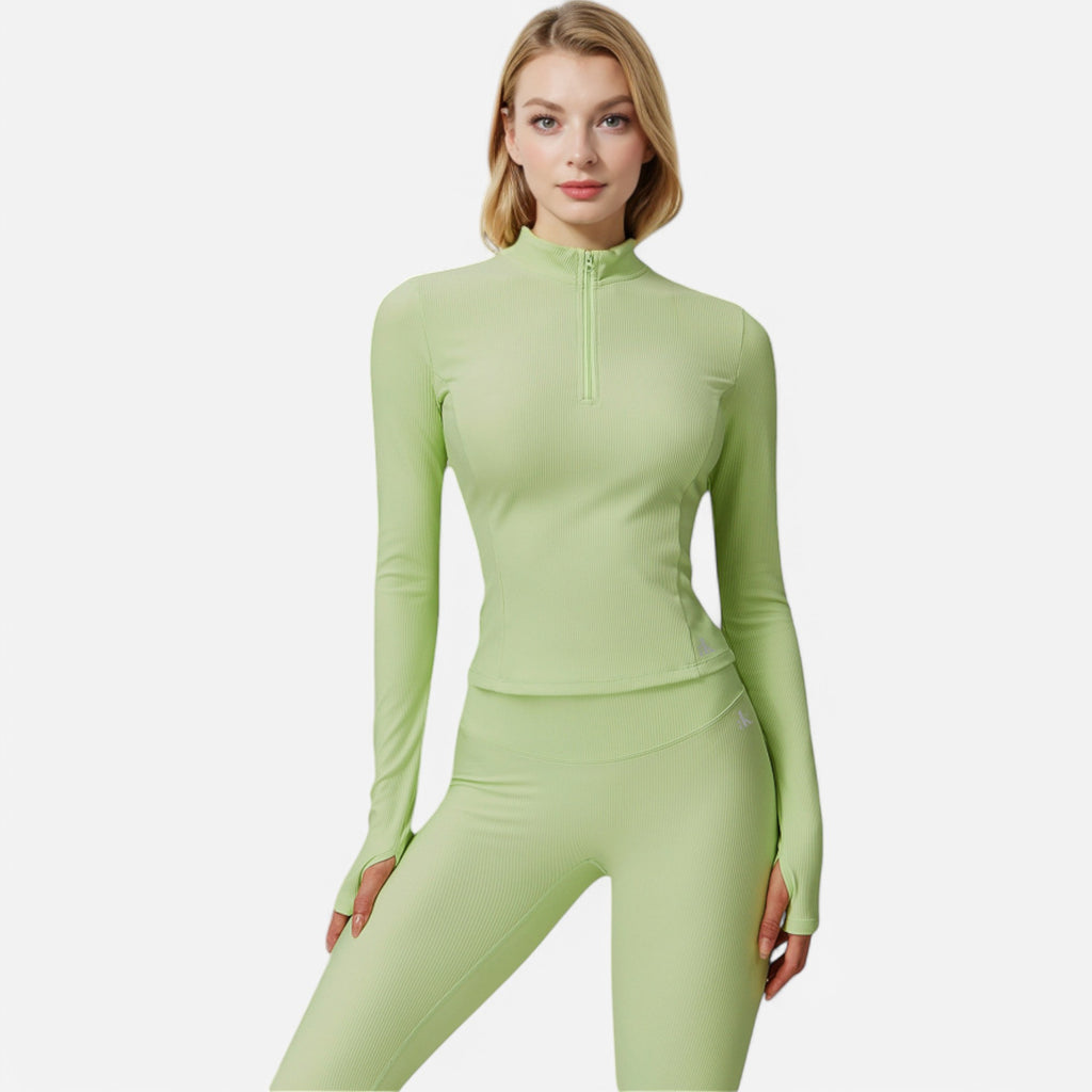 Anna-Kaci Active Women's Long Sleeve Fitted Ribbed Knit Top with Zip Collar and Thumbhole Cuffs