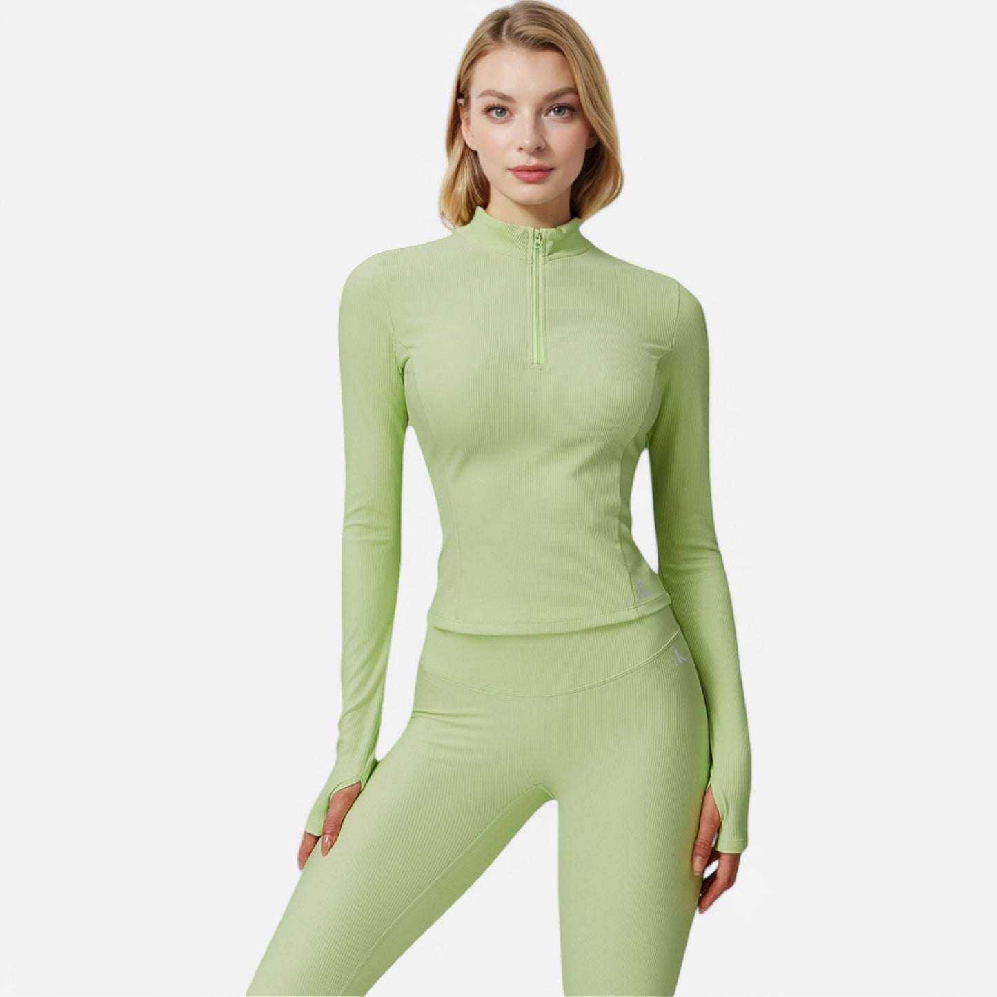 Anna-Kaci Active Women's Long Sleeve Fitted Ribbed Knit Top with Zip Collar and Thumbhole Cuffs