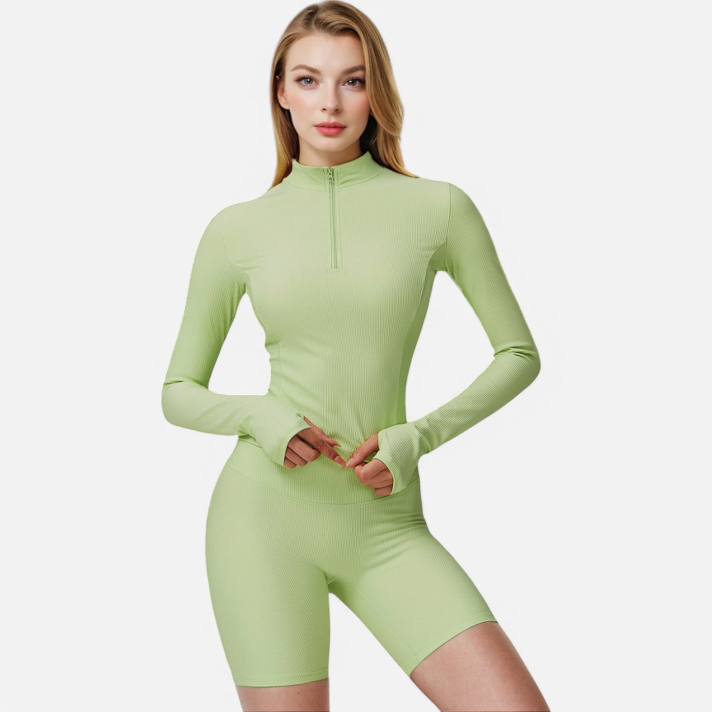 Anna-Kaci Active Women's Long Sleeve Fitted Ribbed Knit Top with Zip Collar and Thumbhole Cuffs