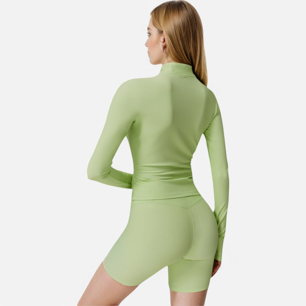 Anna-Kaci Active Women's Long Sleeve Fitted Ribbed Knit Top with Zip Collar and Thumbhole Cuffs