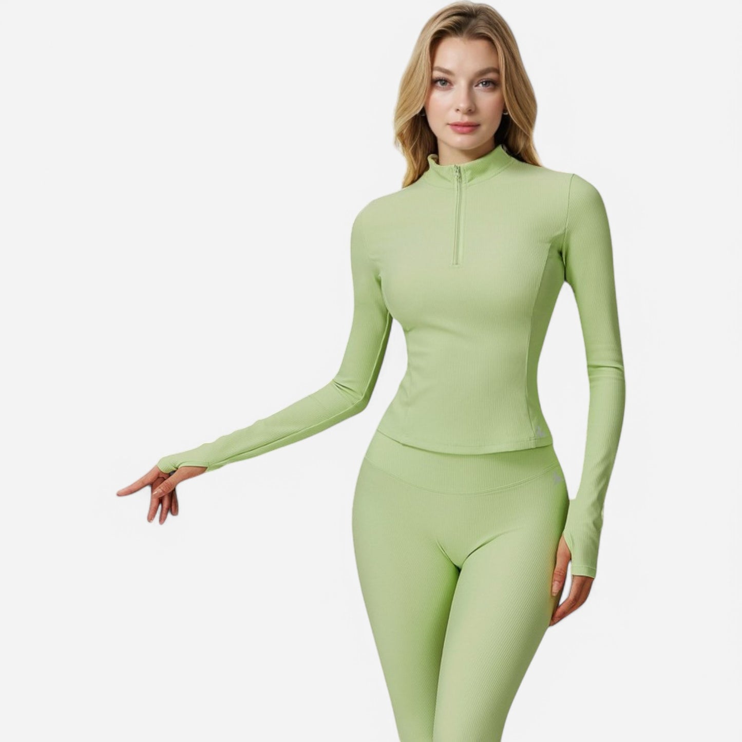 Anna-Kaci Active Women's Long Sleeve Fitted Ribbed Knit Top with Zip Collar and Thumbhole Cuffs
