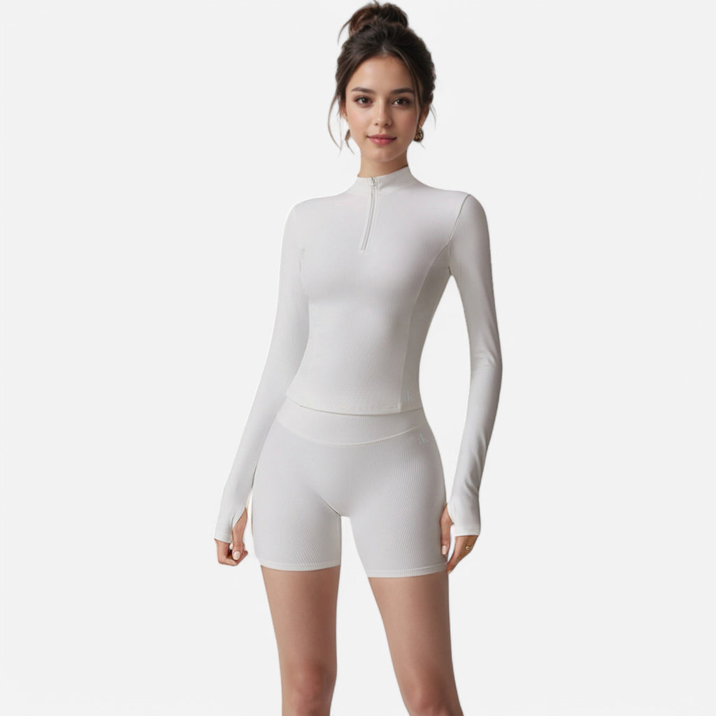 Anna-Kaci Active Women's Long Sleeve Fitted Ribbed Knit Top with Zip Collar and Thumbhole Cuffs