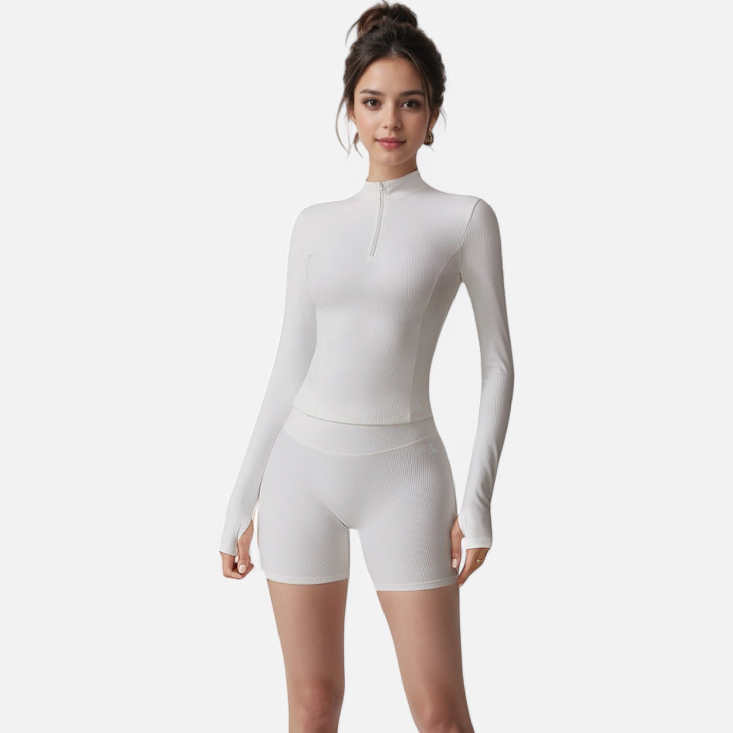 Anna-Kaci Active Women's Long Sleeve Fitted Ribbed Knit Top with Zip Collar and Thumbhole Cuffs