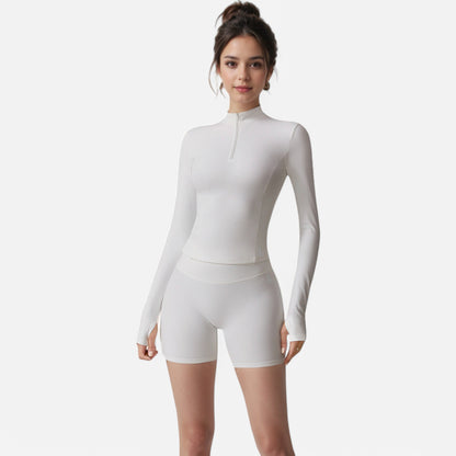 Anna-Kaci Active Women's Long Sleeve Fitted Ribbed Knit Top with Zip Collar and Thumbhole Cuffs