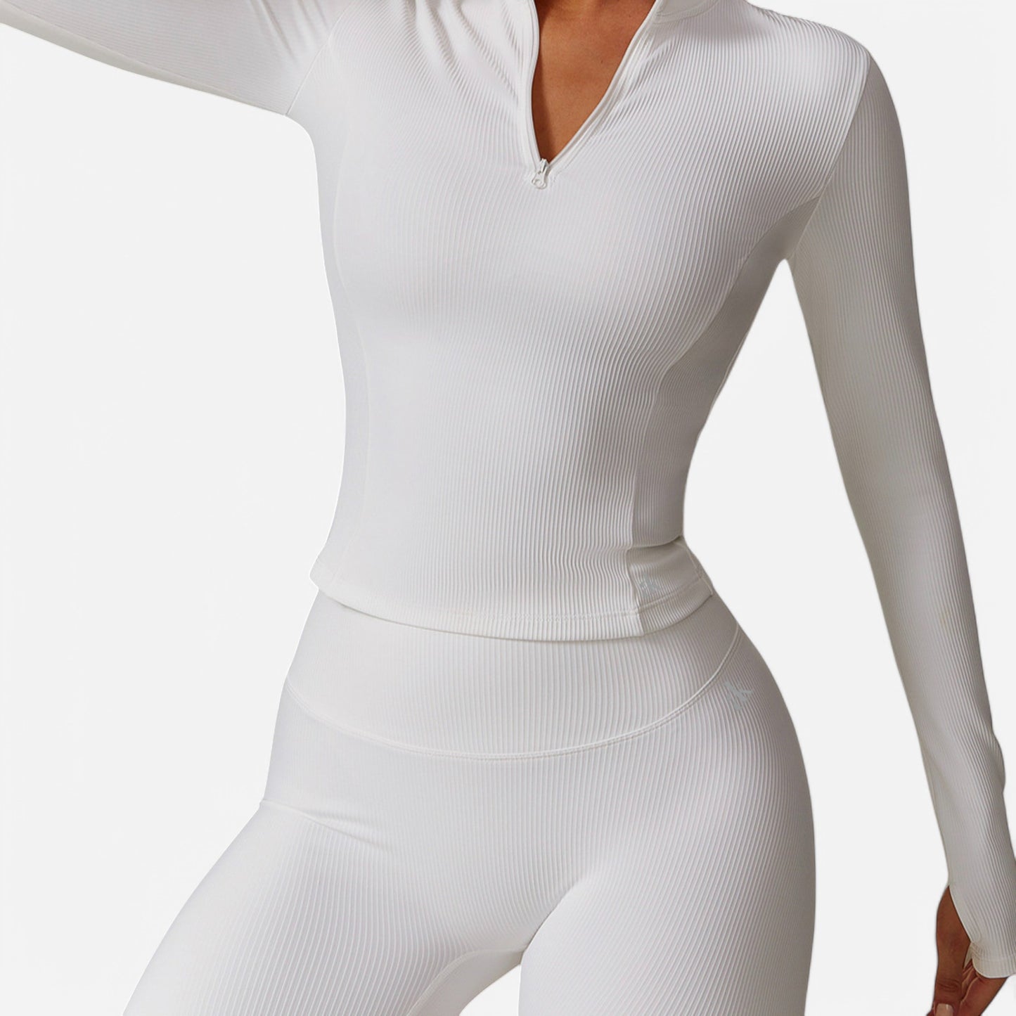 Anna-Kaci Active Women's Long Sleeve Fitted Ribbed Knit Top with Zip Collar and Thumbhole Cuffs