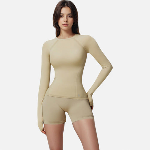 Anna-Kaci Active Women's Long Sleeve Fitted Crew Neck Top with Thumbhole Cuffs and Seam Detailing