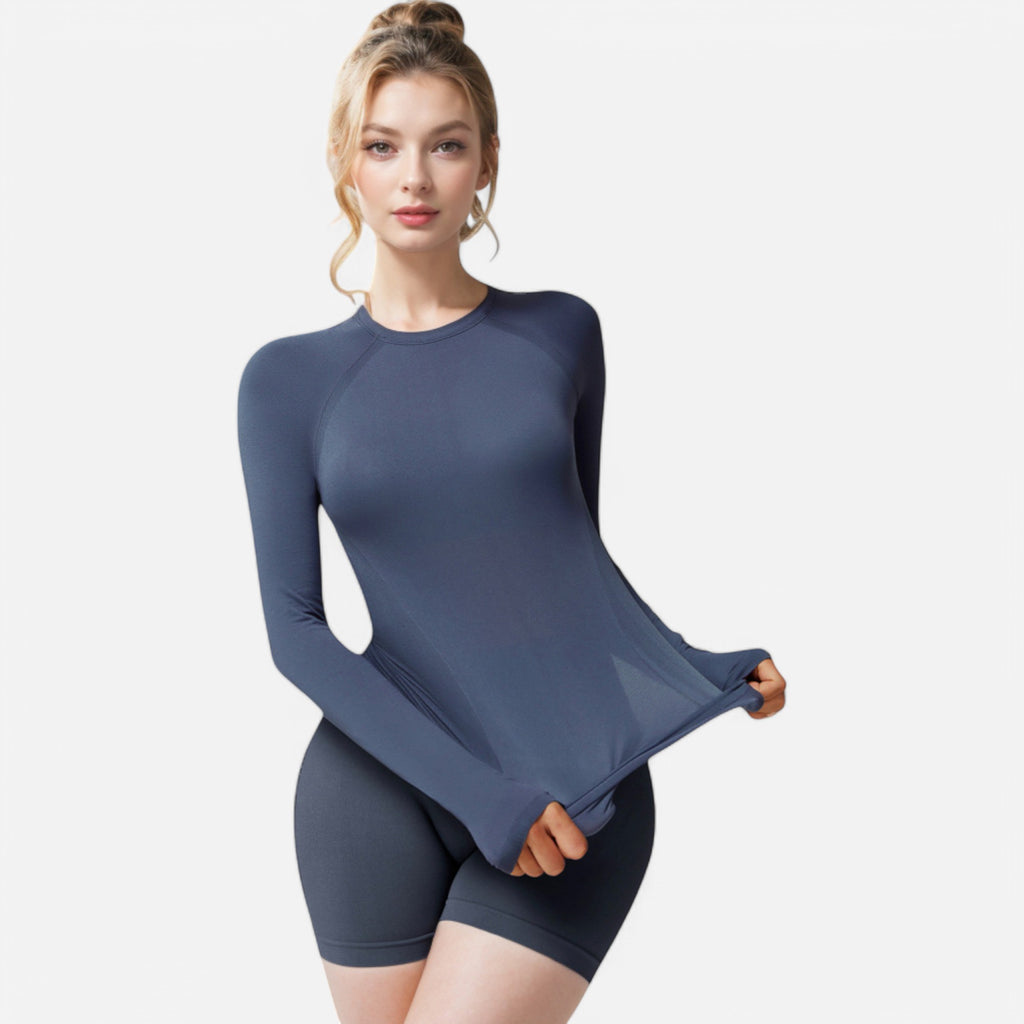 Anna-Kaci Active Women's Long Sleeve Fitted Crew Neck Top with Thumbhole Cuffs and Seam Detailing