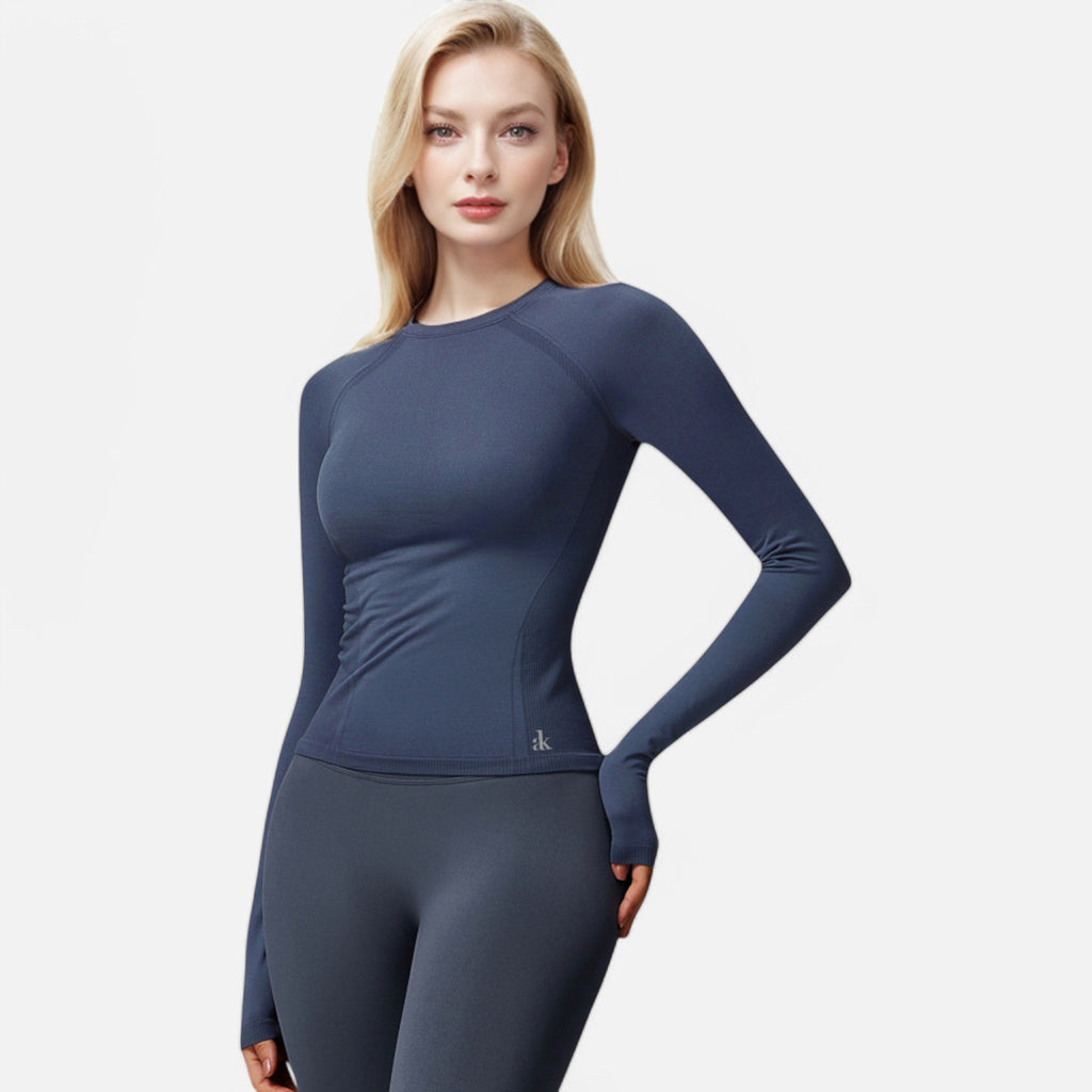 Anna-Kaci Active Women's Long Sleeve Fitted Crew Neck Top with Thumbhole Cuffs and Seam Detailing