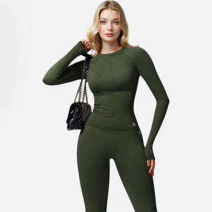 Anna-Kaci Active Women's Long Sleeve Fitted Crew Neck Top with Thumbhole Cuffs and Seam Detailing