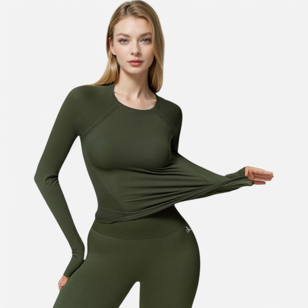 Anna-Kaci Active Women's Long Sleeve Fitted Crew Neck Top with Thumbhole Cuffs and Seam Detailing