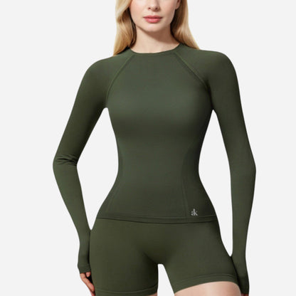 Anna-Kaci Active Women's Long Sleeve Fitted Crew Neck Top with Thumbhole Cuffs and Seam Detailing
