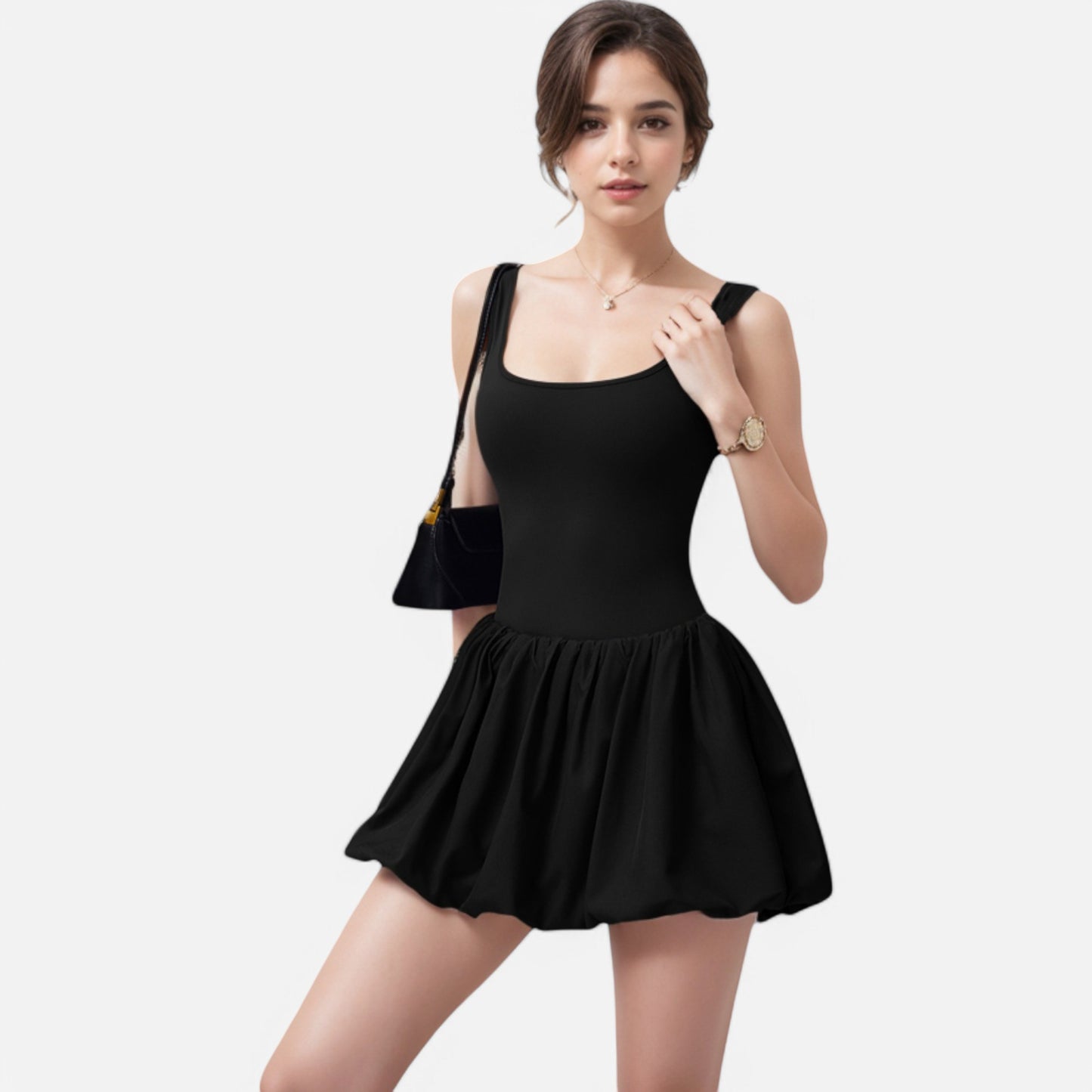 Anna-Kaci Active Women's Sleeveless Fitted Bodysuit Dress with Bubble Hem Skirt and Scoop Neck
