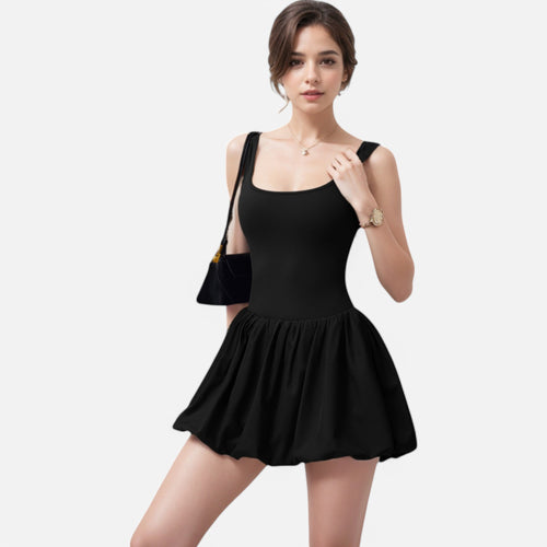 Anna-Kaci Active Women's Sleeveless Fitted Bodysuit Dress with Bubble Hem Skirt and Scoop Neck