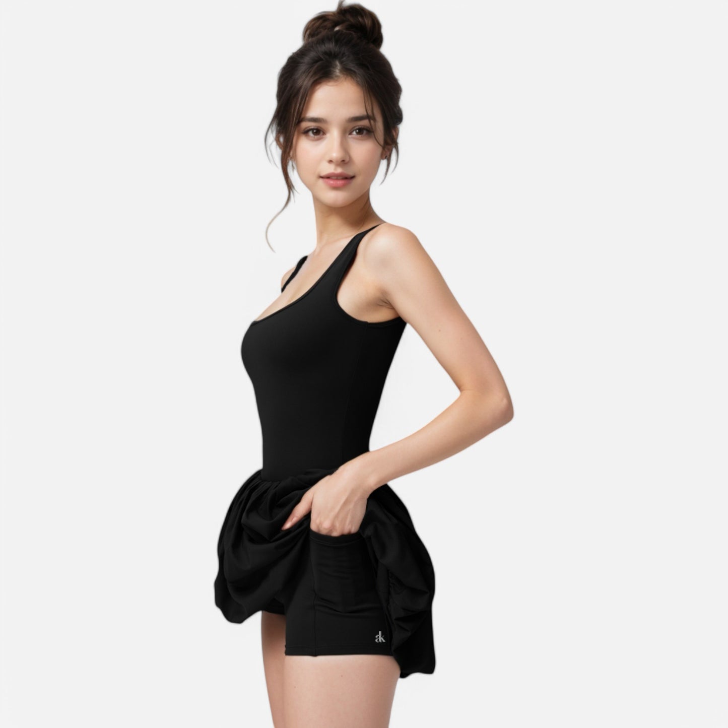 Anna-Kaci Active Women's Sleeveless Fitted Bodysuit Dress with Bubble Hem Skirt and Scoop Neck