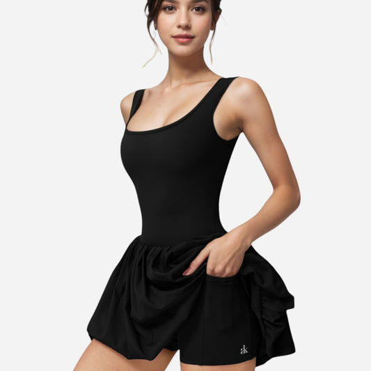 Anna-Kaci Active Women's Sleeveless Fitted Bodysuit Dress with Bubble Hem Skirt and Scoop Neck