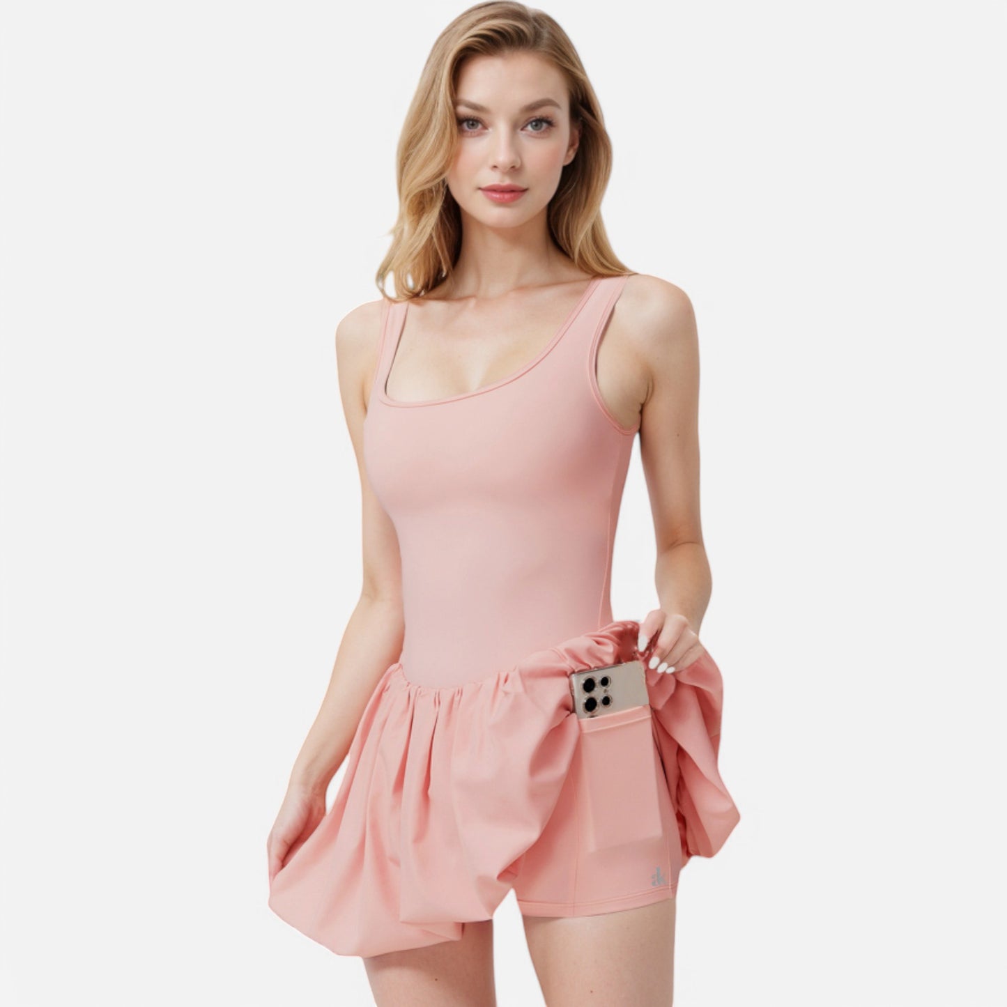 Anna-Kaci Active Women's Sleeveless Fitted Bodysuit Dress with Bubble Hem Skirt and Scoop Neck