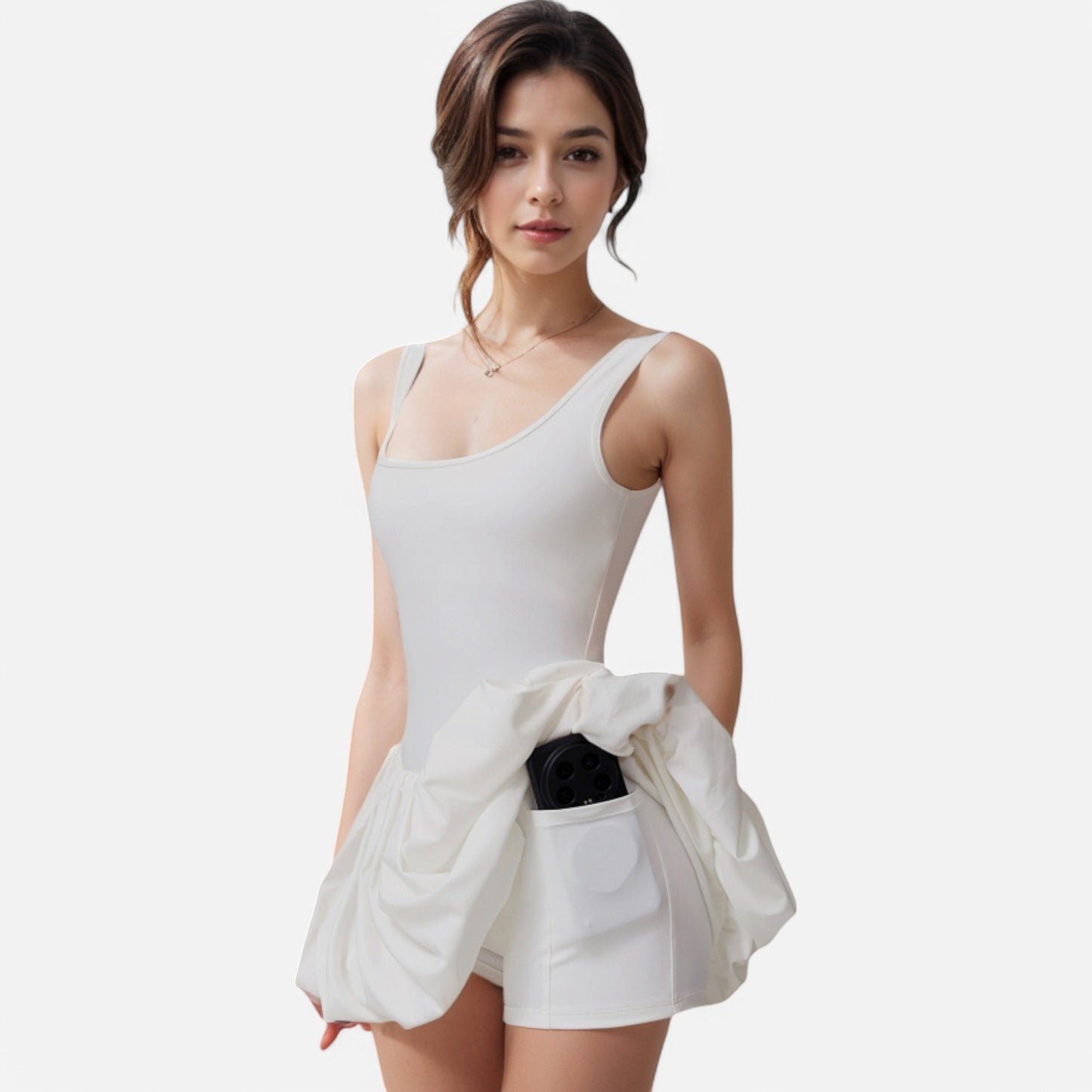 Anna-Kaci Active Women's Sleeveless Fitted Bodysuit Dress with Bubble Hem Skirt and Scoop Neck