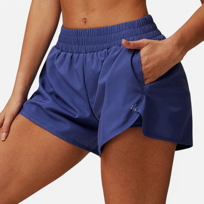 Anna-Kaci Active Women's High Waist Double Layered Running Shorts with Elastic Waistband and Curved Hem