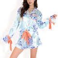 Anna-Kaci Women's Porcelain Print Satin Pajama Set with Contrast Trim and Tie Details- Blue,Small