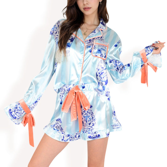Anna-Kaci Women's Porcelain Print Satin Pajama Set with Contrast Trim and Tie Details- Blue,Small