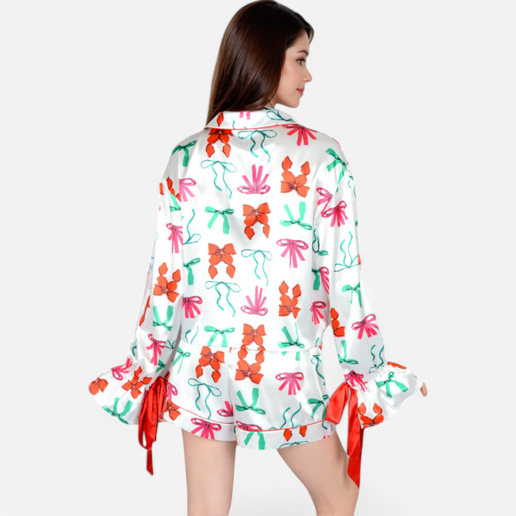 Anna-Kaci Lounge Women's Holiday Bow Print Pajama Set with Ribbon Tie Details and Button-Up Top