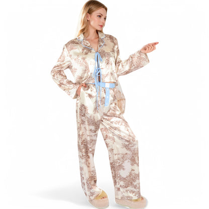 Anna-Kaci Women's Toile Print Satin Pajama Set with Ribbon Tie and Wide-Leg Pants- Khaki,Small