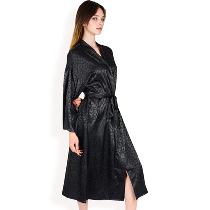 Anna-Kaci Women's Leopard Print Satin Nightgown with Matching Long Robe and Adjustable Straps- Black,Small