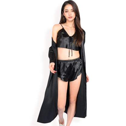 Anna-Kaci Women's Satin Pajama Set with Long Robe, Cami, Shorts, and Tie Waist- Black,Small