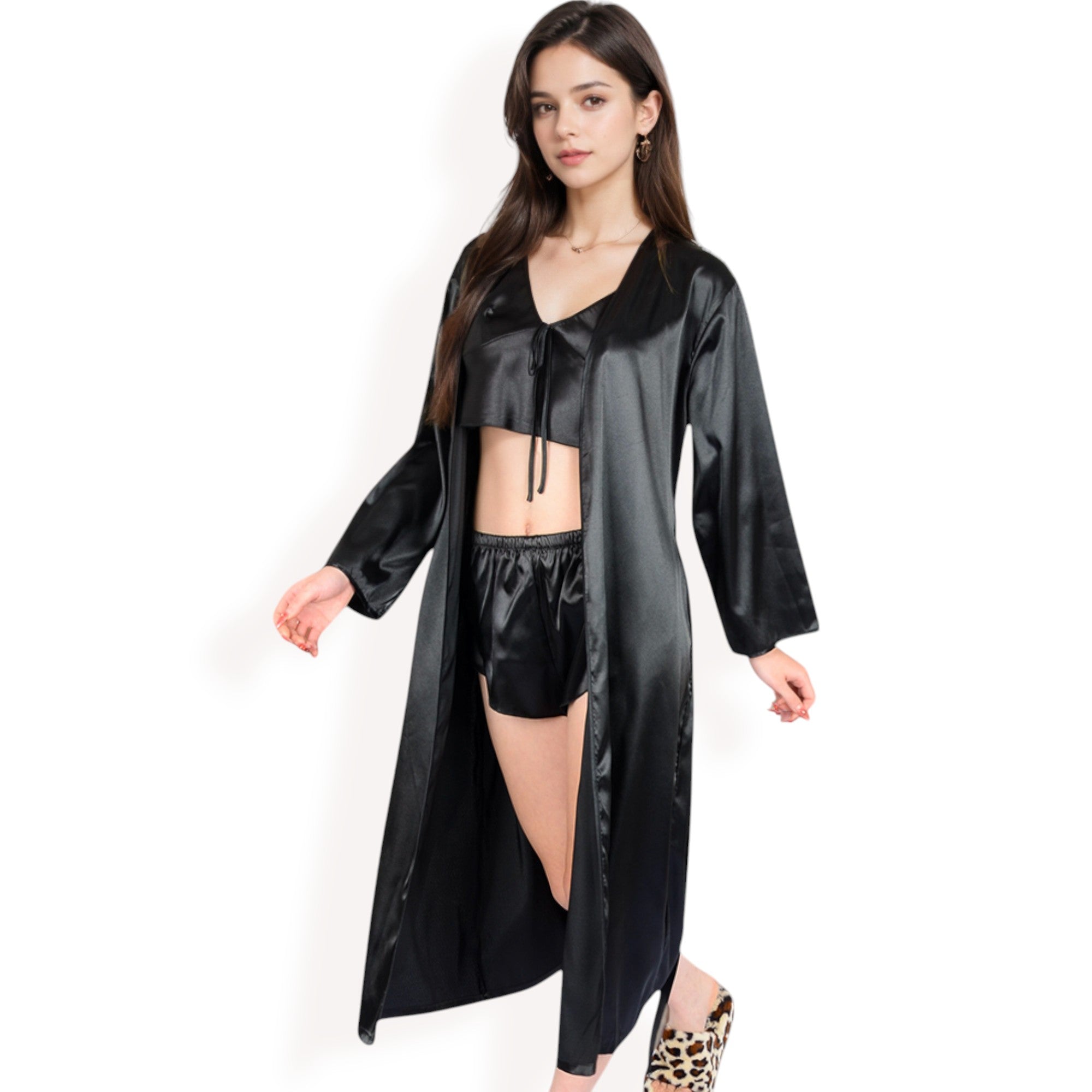 Anna-Kaci Women's Satin Pajama Set with Long Robe, Cami, Shorts, and Tie Waist- Black,Small