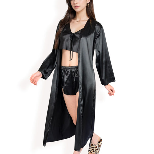 Anna-Kaci Women's Satin Pajama Set with Long Robe, Cami, Shorts, and Tie Waist- Black,Small
