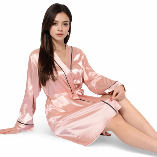 Anna-Kaci Women's Satin Short Robe with Contrast Piping and Tie Waist- Pink,Small