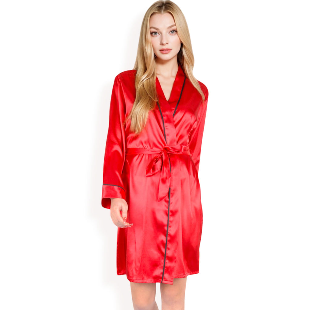 Anna-Kaci Women's Satin Short Robe with Contrast Piping and Tie Waist- Pink,Small