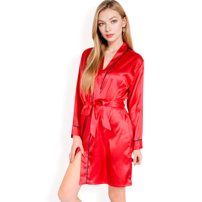 Anna-Kaci Women's Satin Short Robe with Contrast Piping and Tie Waist- Pink,Small