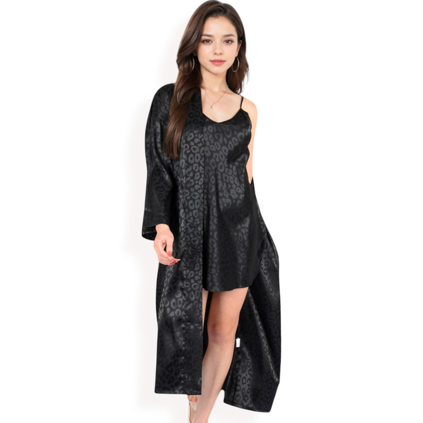 Anna-Kaci Women's Satin Long Robe with Subtle Leopard Jacquard Pattern and Tie Waist- Black,Small