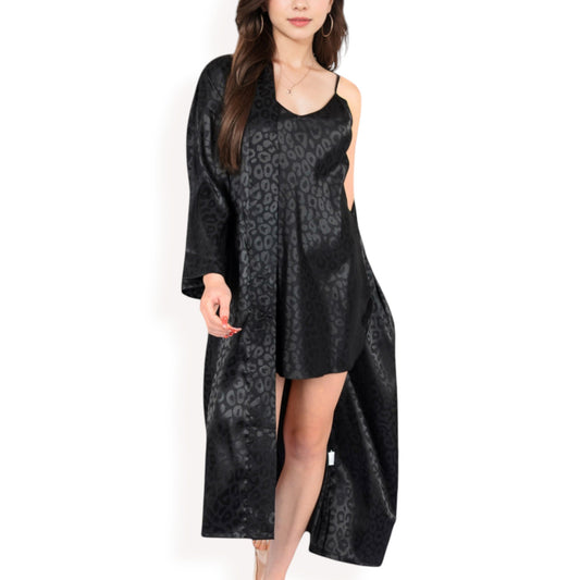 Anna-Kaci Women's Satin Long Robe with Subtle Leopard Jacquard Pattern and Tie Waist- Black,Small