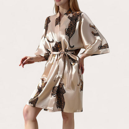 Anna-Kaci Lounge Women's Satin Short Robe with Bold Leopard Print and Waist Tie Kimono Sleeves