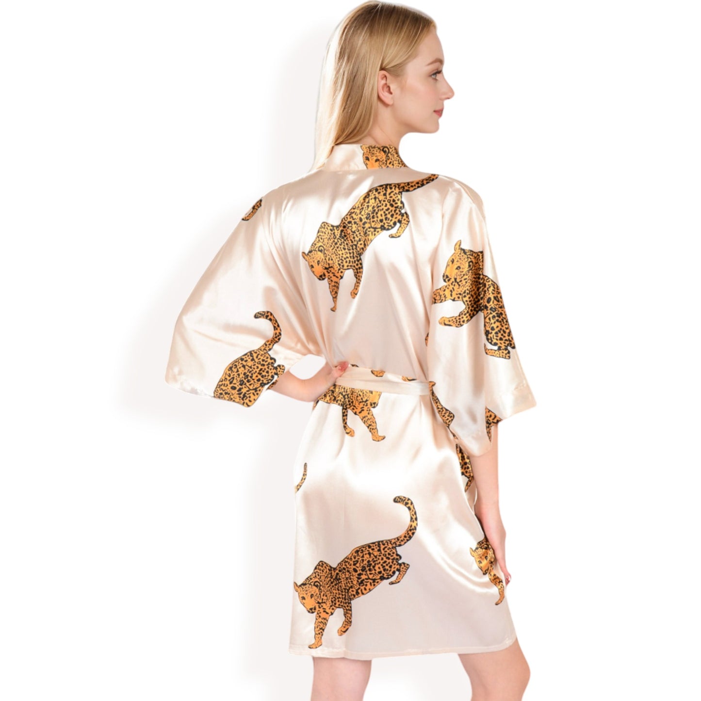 Anna-Kaci Women's Satin Robe with Leopard Print and Tie Waist- Beige,Small