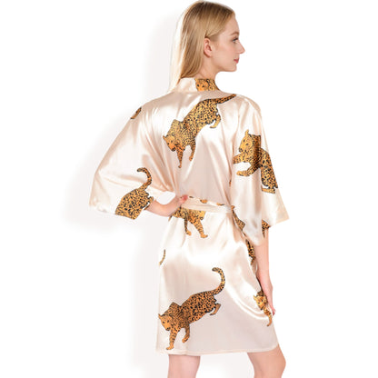 Anna-Kaci Women's Satin Robe with Leopard Print and Tie Waist- Beige,Small