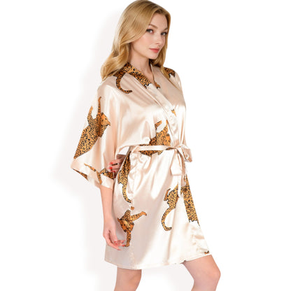 Anna-Kaci Women's Satin Robe with Leopard Print and Tie Waist- Beige,Small