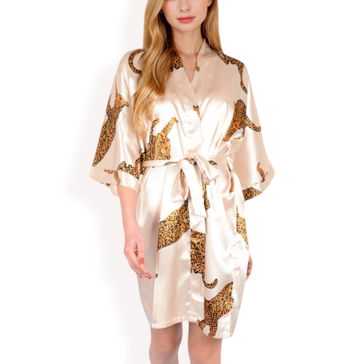 Anna-Kaci Women's Satin Robe with Leopard Print and Tie Waist- Beige,Small