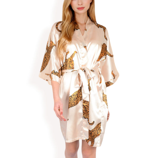 Anna-Kaci Women's Satin Robe with Leopard Print and Tie Waist- Beige,Small