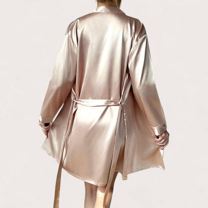Anna-Kaci Lounge Women's Satin Short Robe with Matching Slip Lingerie Set and Waist Tie Shawl Collar