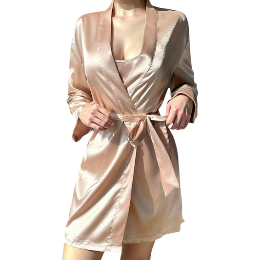 Anna-Kaci Lounge Women's Satin Short Robe with Matching Slip Lingerie Set and Waist Tie Shawl Collar